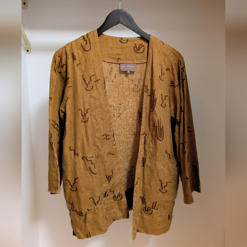 Bel Kazan Print Brown Linen-Blend Open-Front top/cardigan size small